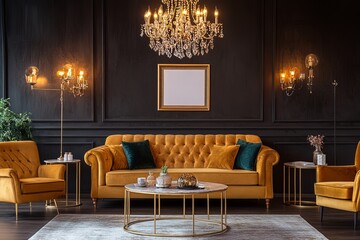 Elegant Mustard Yellow Velvet Sofa Living Room Interior Design Luxury Gold Decor Modern Home Comfortable Furniture Dark Walls Stylish Apartment Home  