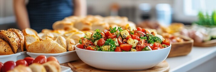 Easter Holiday, Easter Concept, Delicious Caprese Salad Buffet with Breads and Tomatoes Catering Food
