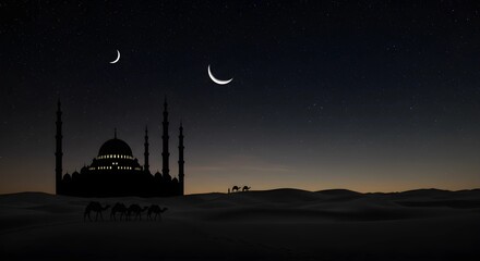Obraz premium A serene desert scene at dusk with a camel and a mosque silhouette under a crescent moon