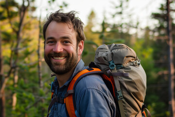 Obraz premium Smiling Male Hiker with Backpack in Forest, Outdoor Adventure, Nature Exploration, Travel, Camping, Trekking, Wilderness, Happy Explorer, Summer Hiking