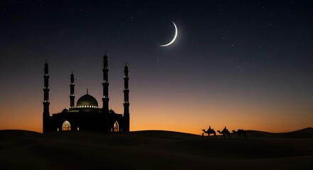 Obraz premium A serene desert scene at dusk with a camel and a mosque silhouette under a crescent moon