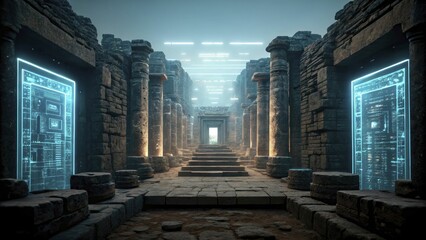 A mysterious ancient ruins with futuristic technology architecture composition where timeless stone structures are interwoven with clear digital holograms