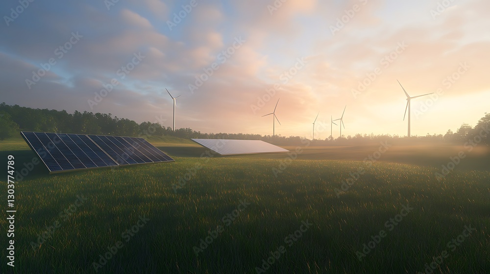 Poster ahmadwahyuutomo776@gmail.com A vibrant futuristic green energy farm showcasing solar panels in a modern landscape.