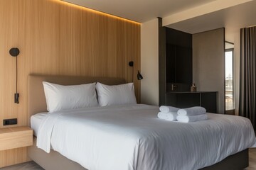Modern hotel room interior with king-size bed and wooden wall paneling