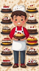 Chef's cakes. Sweet desserts. Patterned wall