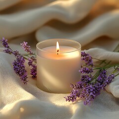 Candle glows with lavender on soft fabric