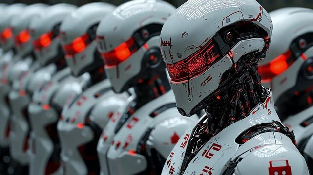 Futuristic prison camp scene: political dissidents labor under watchful robotic guards, highlighting oppression and surveillance.