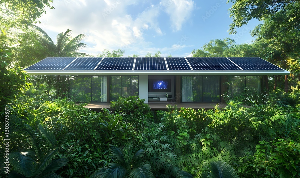 Poster ahmadwahyuutomo776@gmail.com Futuristic smart home design featuring solar panels and modern technology in a sleek aesthetic.