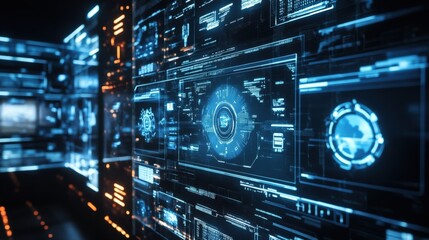 Obraz premium A close examination of a holographic dashboard displaying security surveillance feeds with animated overlays of threat assessment algorithms casting a glow on the rooms hightech environment.