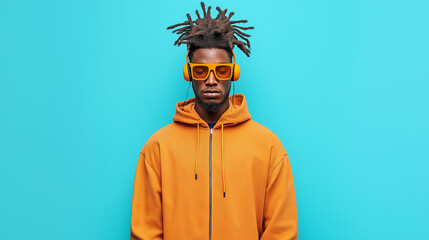 Stylish young man in an orange hoodie with headphones against a bright blue background.