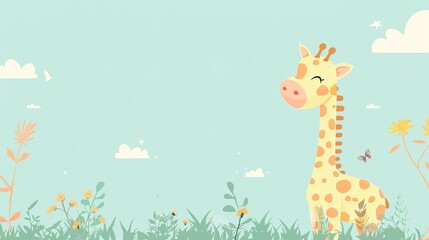 a  charming giraffe stretches its speckle neck across a sun-kissed savanna backdrop,