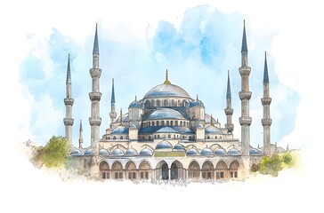 Fototapeta premium Sultan Ahmed Mosque Watercolor Artistic Depiction