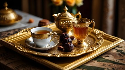Fototapeta premium Tea and date setup on a luxurious golden tray with Eid celebration elements