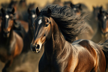Obraz premium Wild Black Brown Horses Running Close-up. Horse herd.