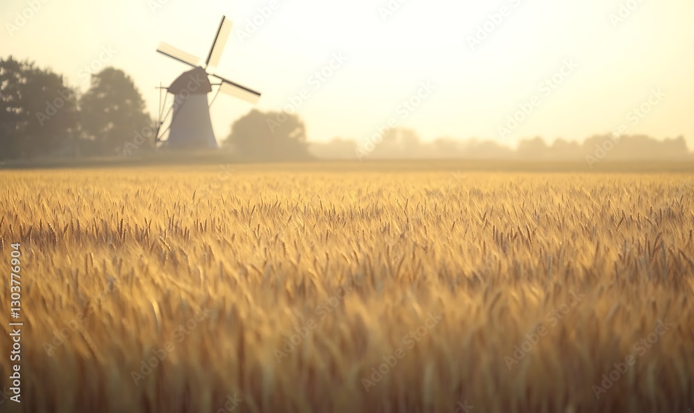 Poster ahmadwahyuutomo776@gmail.com A scenic image of a golden wheat field featuring a windmill under clear skies.