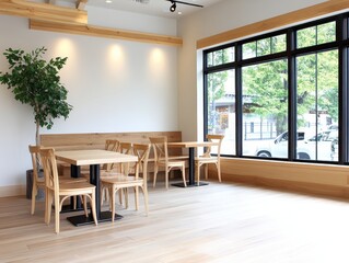 Fototapeta premium Cozy café interior featuring wooden furniture and natural light, with a view of trees