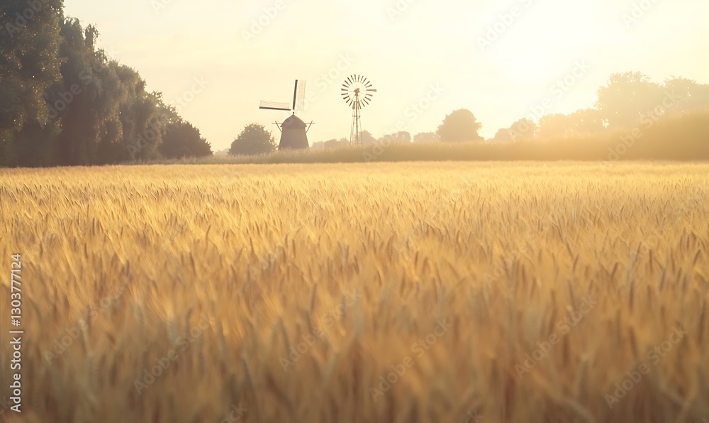 Poster ahmadwahyuutomo776@gmail.com a scenic golden wheat field with a windmill captures the essence of rur
