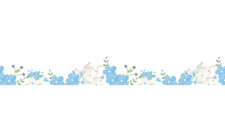 Watercolor hand drawn seamless border of small blue flowers and vintage white teapot with a cup in delicate pastel colors isolated on white background