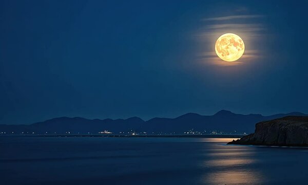 Romantic and Scenic Panorama with Full Moon Over the Sea at Night