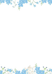 Watercolor illustration of hand drawn little blue flowers frame with teapot and cup in vintage style. Perfect for nursery design postcards and wedding invitations