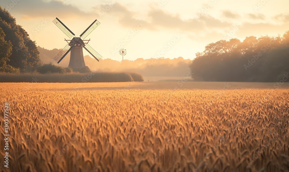 Aufkleber ahmadwahyuutomo776@gmail.com a scenic view of a golden wheat field featuring a windmill under clear 