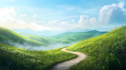 Fototapeta premium A serene landscape features a forked path intersecting in lush green hills under a clear blue sky, perfect for contemplation and decision-making. Clarity - Mist. Illustration
