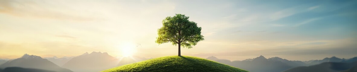 Fototapeta premium Serene Landscape with Tree on a Hill at Sunrise
