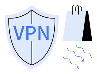 Shield with VPN text for secure network, shopping bag representing e-commerce safety, and downward arrows for data encryption. Ideal for cybersecurity, privacy, e-commerce, data safety