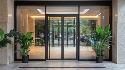 Obraz premium This vibrant entrance features sleek glass doors framed by large potted plants, offering a harmonious blend of nature and modern design. The inviting interior glows with warm lighting