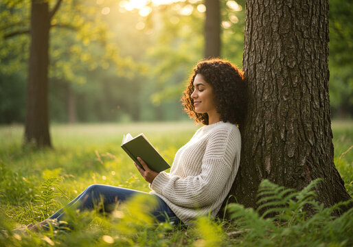 A young woman reading book under a tree