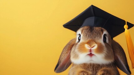 Cute brown rabbit wearing a graduation cap, symbolizing education and achievement against a bright yellow background, perfect for graduation themes