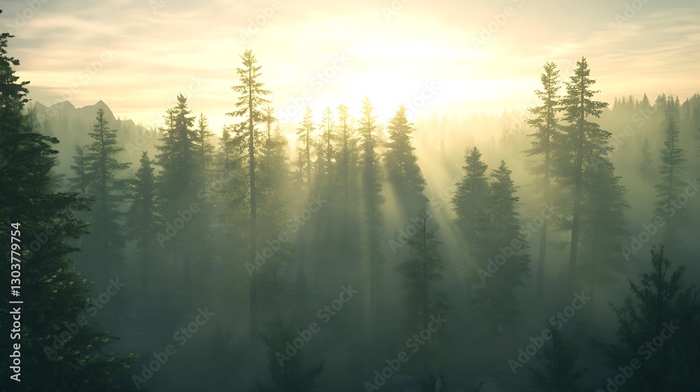 Poster ahmadwahyuutomo776@gmail.com Serene misty pine forest at sunrise with sunbeams filtering through trees.