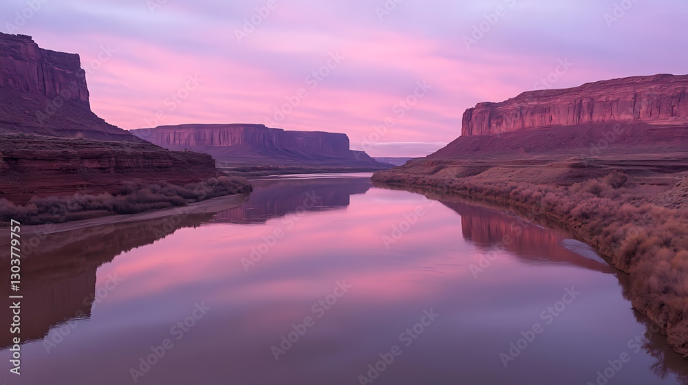 Poster ahmadwahyuutomo776@gmail.com a serene river scene reflecting pink hues at sunset, showcasing nature'
