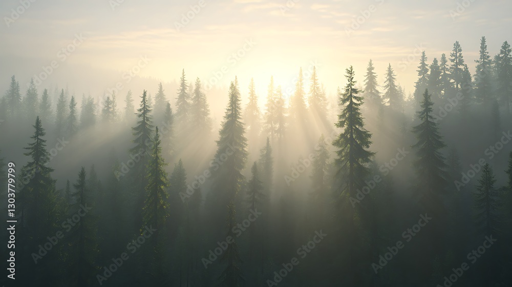 Poster ahmadwahyuutomo776@gmail.com A serene misty pine forest at sunrise with sunbeams filtering through the trees.