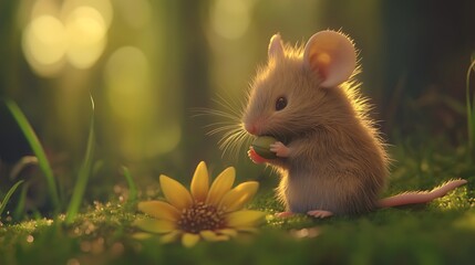Adorable mouse holding a piece of green food while sitting on lush green grass beside a bright yellow flower, surrounded by soft sunlight and forest backdrop, conveying a cheerful and vibrant