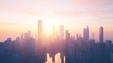 Fototapeta premium ahmadwahyuutomo776@gmail.com A glowing modern city skyline under morning light, captured in stunning detail.
