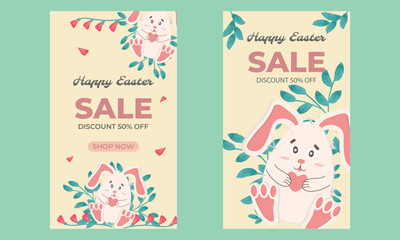 Happy Easter, Holiday Sale, Save 50%, Buy Now. Cute Easter bunny, Holy Holiday vector illustration, design with bunnies in egg shape, templates