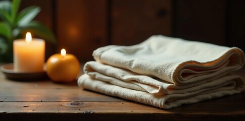 Folded piece of cloth on a wooden table with a candle, natural fiber, candlelight