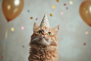 Ginger cat wearing party hat celebrating birthday with balloons and confetti