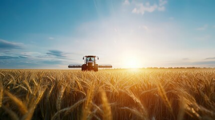 Fototapeta premium Tractor at Sunrise in Golden Wheat Field