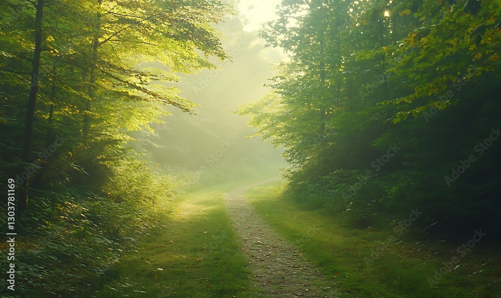 Poster ahmadwahyuutomo776@gmail.com A serene forest path bathed in soft golden light, perfect for nature-themed projects.