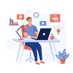 Freelancer working on laptop creative digital illustration with productivity icons,workspace elements, and technology themes for remote work, online jobs, business concepts, and modern design projects