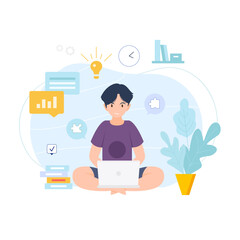 Freelancer working on laptop creative digital illustration with productivity icons, workspace elements and technology themes for remote work, online jobs, business concepts, and modern design projects