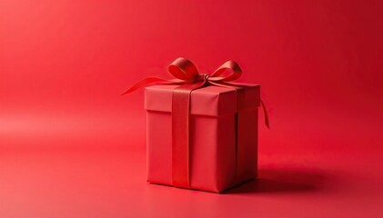 Tall rectangular gift box wrapped in bright red fabric with a tag, box, red fabric