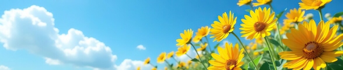 Obraz premium Tall yellow flowers with bright golden centers on a clear blue sky with fluffy white clouds, golden, bloom, sunflower