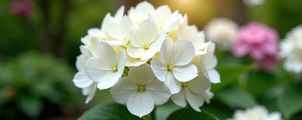 Fototapeta premium Large hydrangea blooms in white with subtle pink undertones, pot, garden, spring