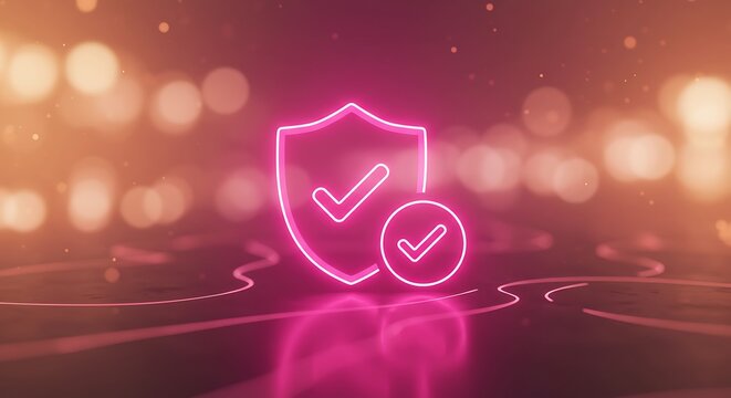 Illustration of a glowing shield with checkmark - Protection guarantee - Cybersecurity awareness campaign