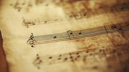 A vintage sheet of music with faded musical notes and aged texture.