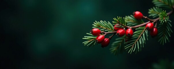 Pine branch with bright red berries against a darker, moodier dark green background, berry, winter
