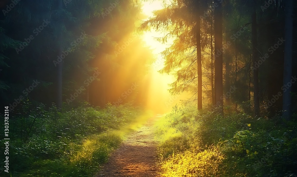 Poster ahmadwahyuutomo776@gmail.com A narrow forest path bathed in soft golden light, creating a serene and inviting atmosphere.